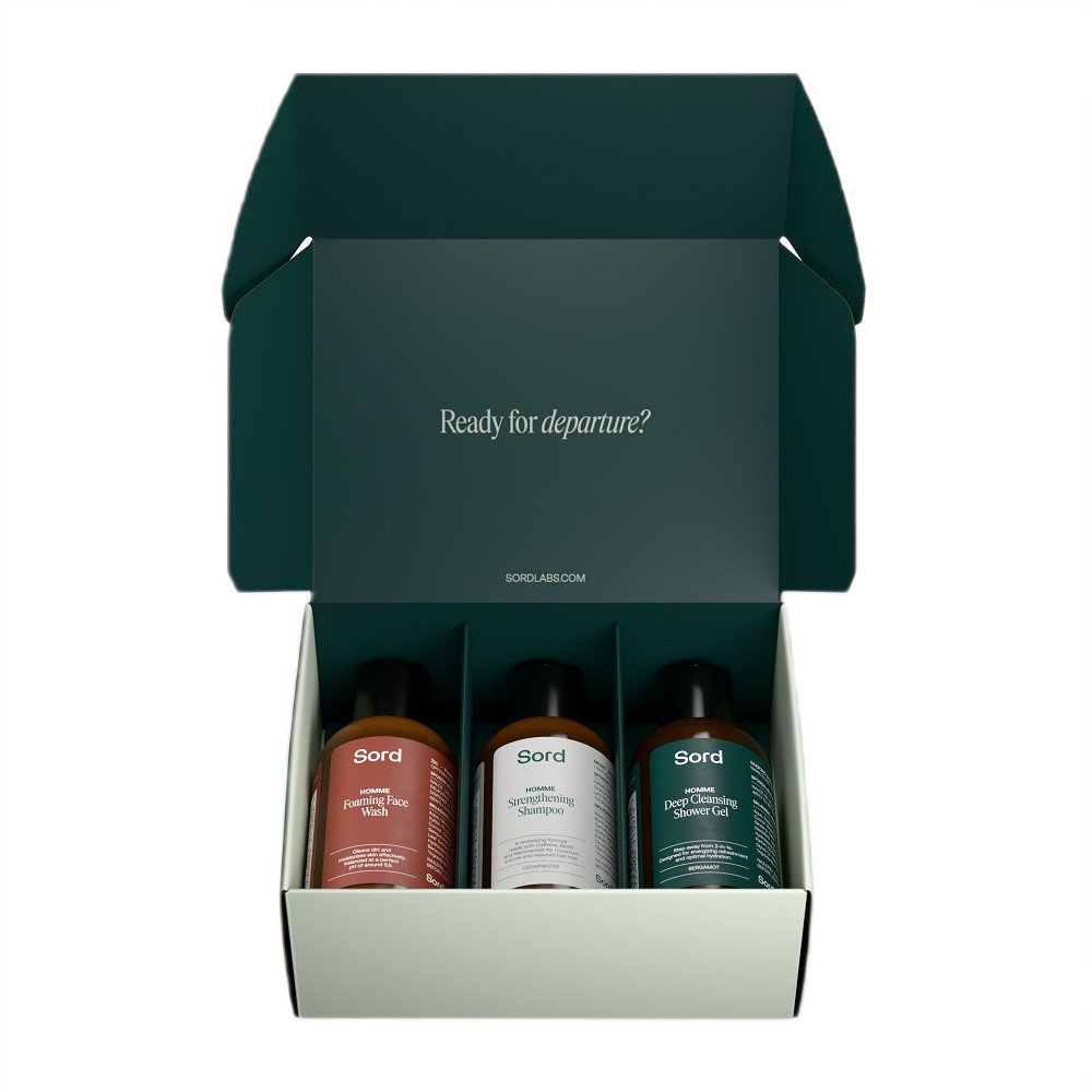 KANN Cestovní sada SORD_SET Hloubkově čistící sprchový gel 50ml + Posilující šampon 50ml + Pěnivý mycí gel na obličej 50ml + Každodenní krém na obličej 4x3ml