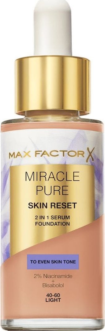 MAX FACTOR Miracle Pure 2v1 Skin Reset Nourishing Foundation se sérem, veganské složení, 30ml Light (40-60)