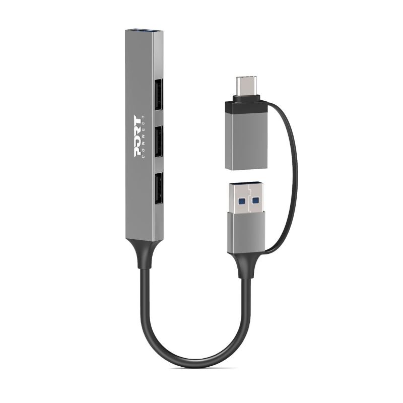 PORT CONNECT USB HUB, 1x USB 3.0 + 3x USB 2.0, USB-A/USB-C vstup, stříbrná