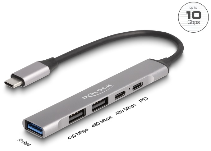 Delock - Rozbočovač - 1 x USB-C (Power Delivery) + 1 x USB-C + 1 x SuperSpeed USB + 2 x USB-A 2.0 - desktop
