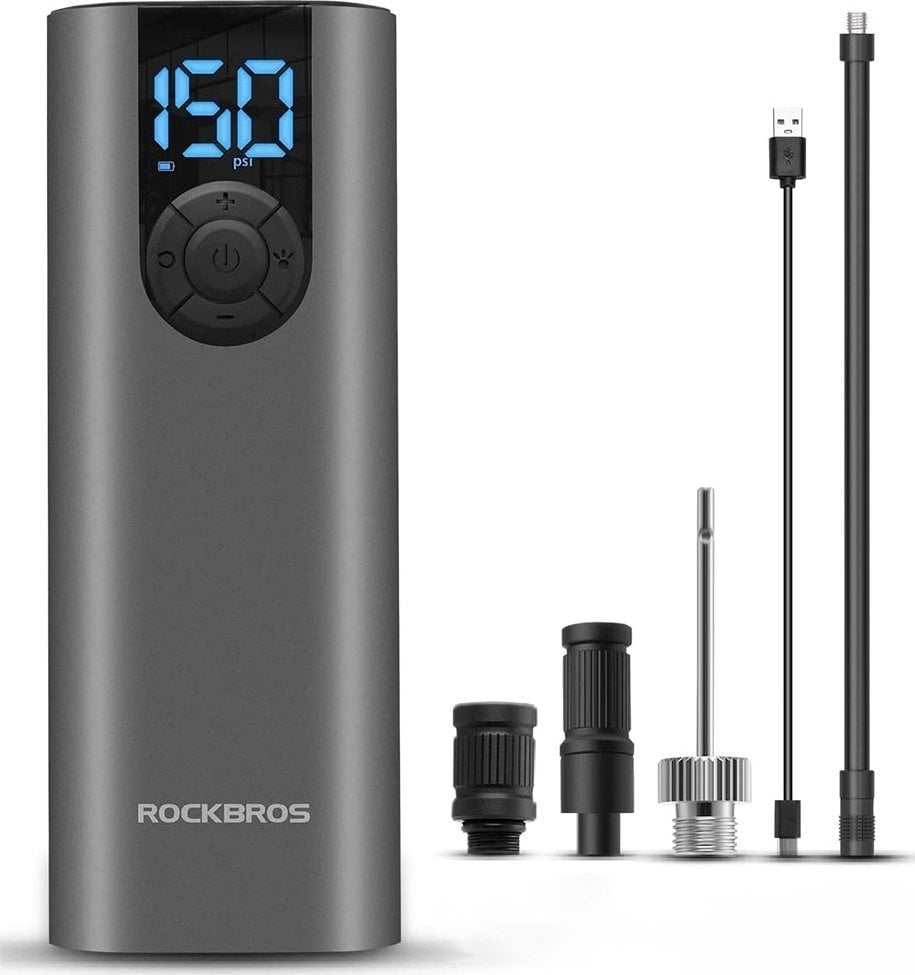 RockBros Elektrická pumpa do auta, koule na kolo 10 barů s LED displejem + USB-C kabel černá Elektrická pumpa do auta, koule na kolo 10 barů s LED displejem + USB-C kabel černá
