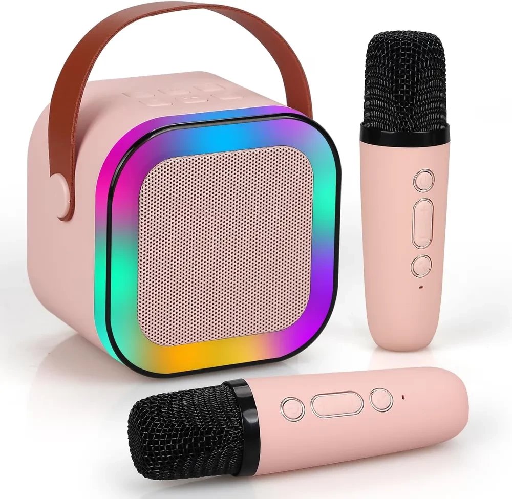 ExtraLink Dětský mini karaoke LED reproduktor 2x mikrofon růžový | Karaoke sada | reproduktor, 2x mikrofon, Bluetooth, AUX, slot pro paměťovou kartu, RGB osvětlení