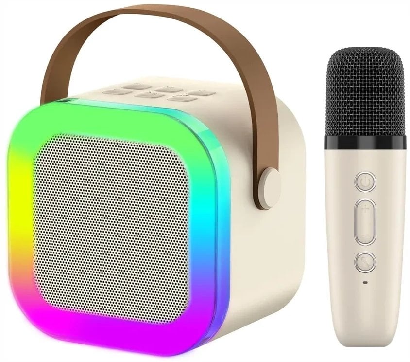 ExtraLink Dětský mini karaoke LED reproduktor 1x mikrofon béžový | Karaoke sada | reproduktor, 1x mikrofon, Bluetooth, AUX, slot pro paměťovou kartu, RGB osvětlení