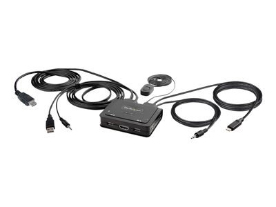 StarTech.com 2-Port Hybrid USB-C HDMI Cable KVM Switch, 4K 60Hz, Compact KVM with 6ft/1.8m USB-A/HDMI/Audio & 4ft/1.2m USB-C Integrated Host Cables, Bus Powered - Remote Push Button/Hotkey Switching (