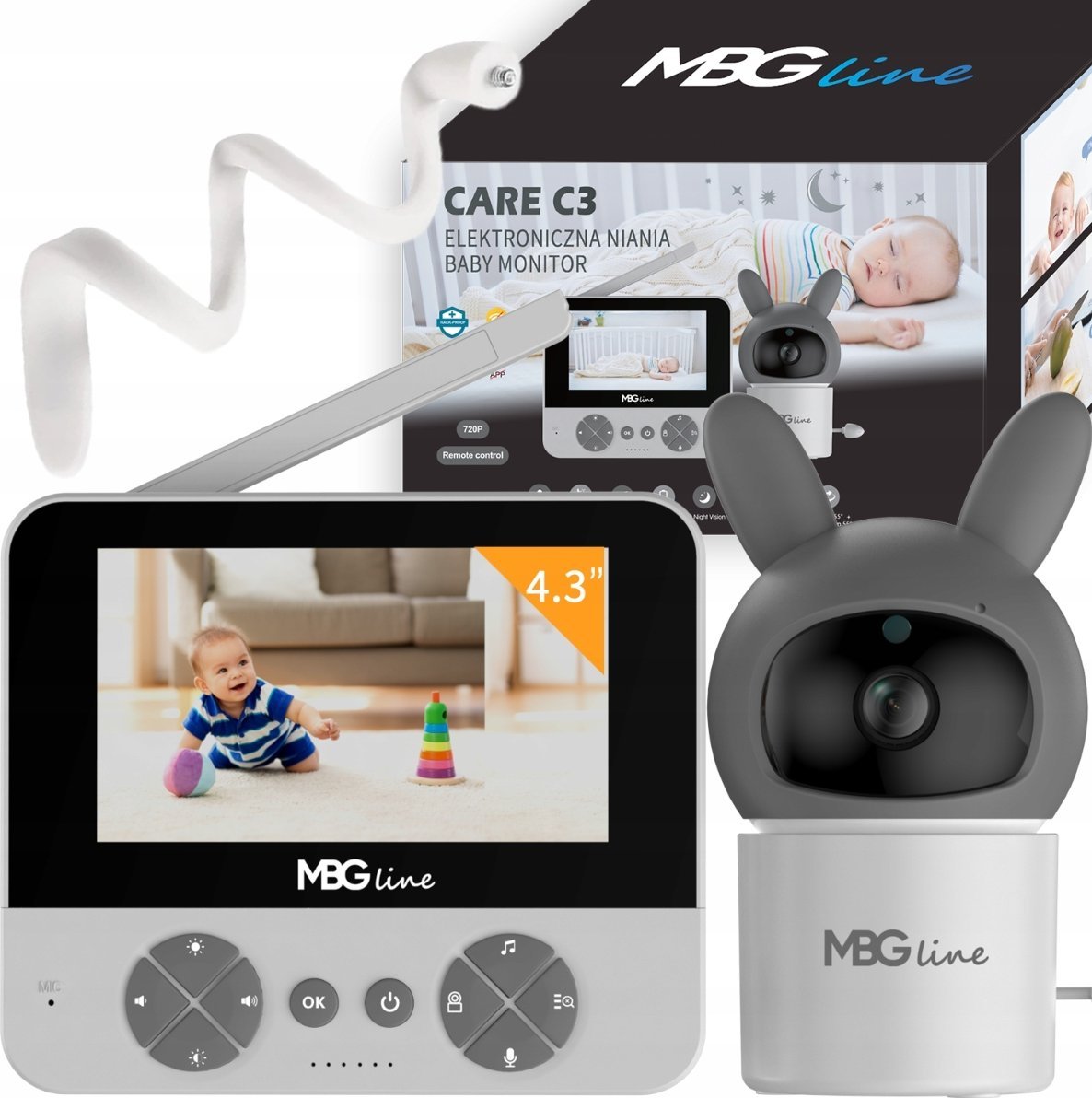 Mbg Line Bezdrátová otočná dětská chůvička s HD obrazovkou, 4,3  LCD kamerou a zoomem