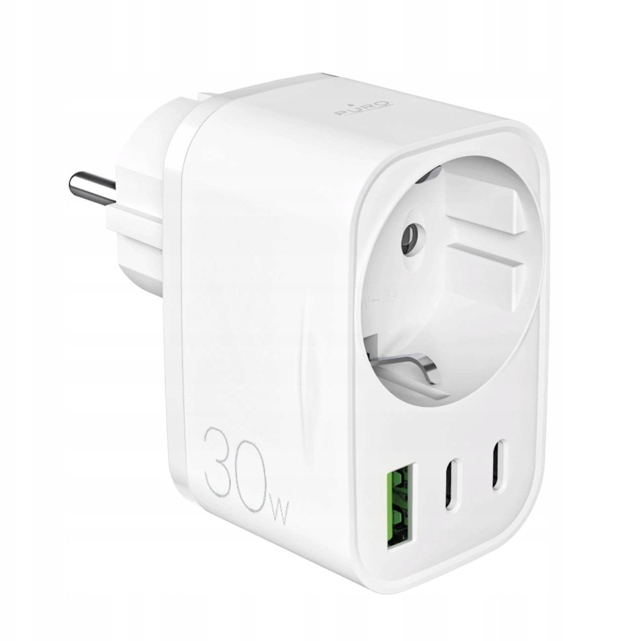 Puro Nabíječka 30W Power Delivery se zástrčkou a zásuvkou Schuko 2x USB-C + 1x USB-A - bílá