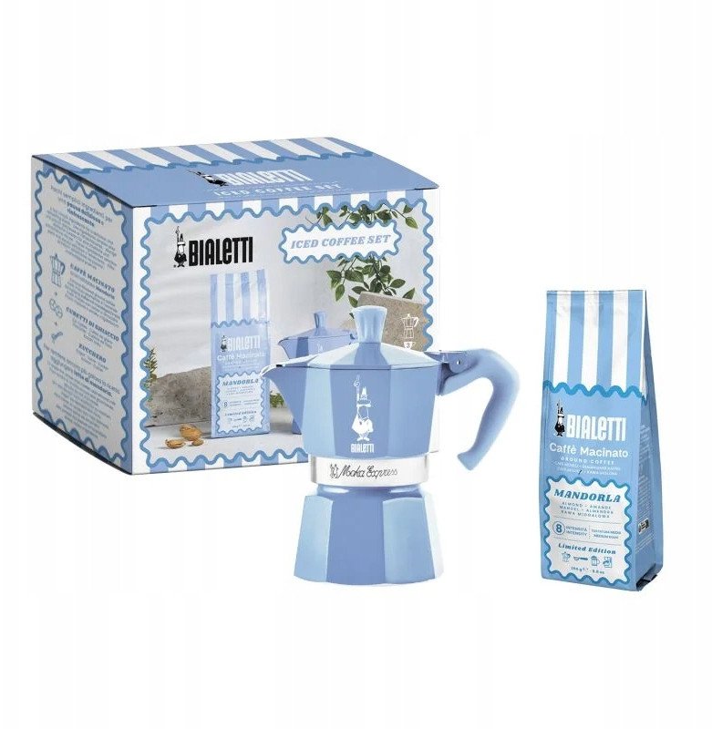 Bialetti Moka Express 3tz Sada kávovar + mandlová káva 250 g modrá