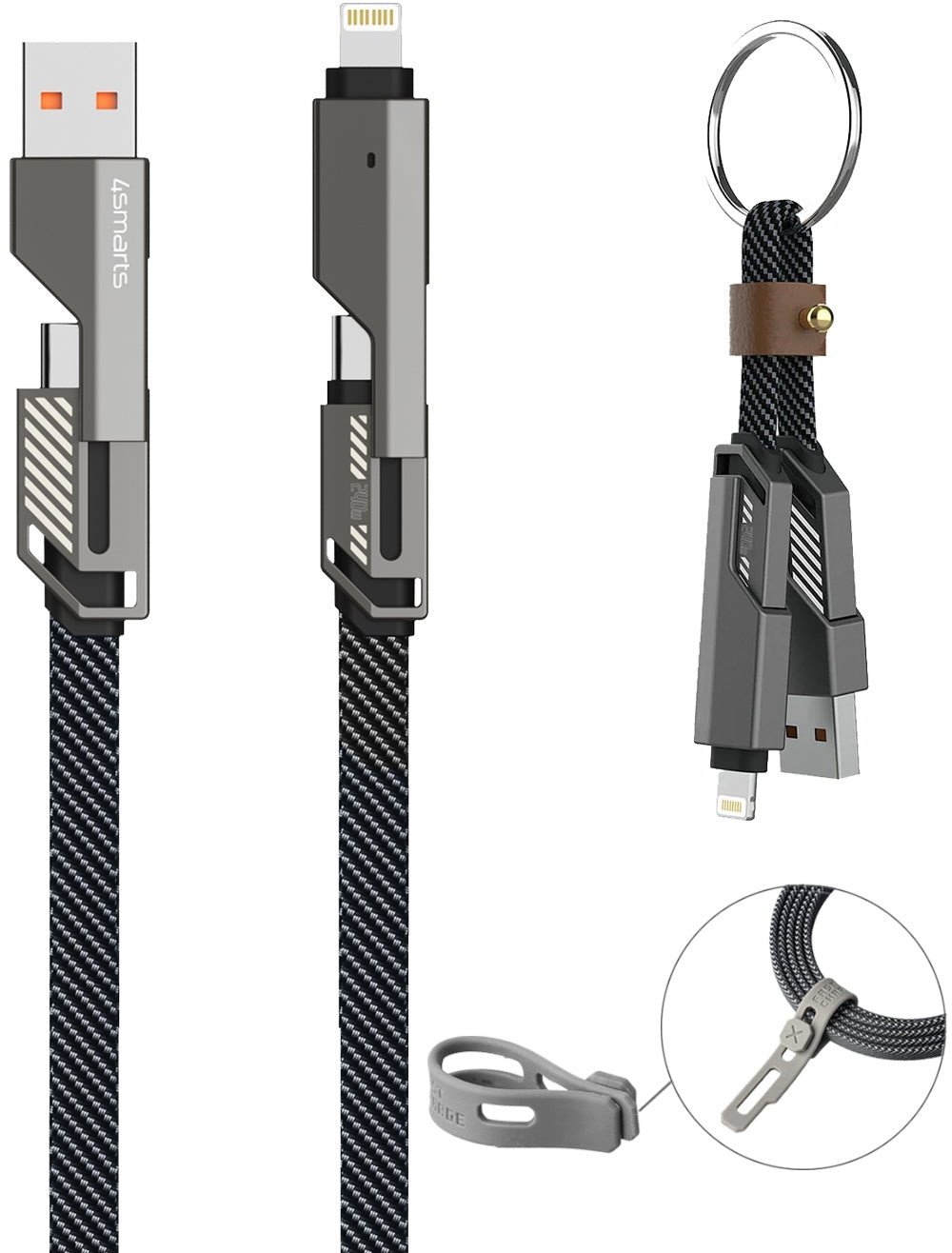 4smarts USB-C kabel ComboCord plochý 240W, 1,5m + kabel s klíčenkou