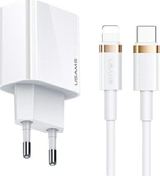 Usams Nabíječka USAMS T34 síťová nabíječka 1xUSB-C 20W 5V-3A PD3.0 + U63 USB-C/Lightning 20W kabel bílá/bílá T49OCLN01