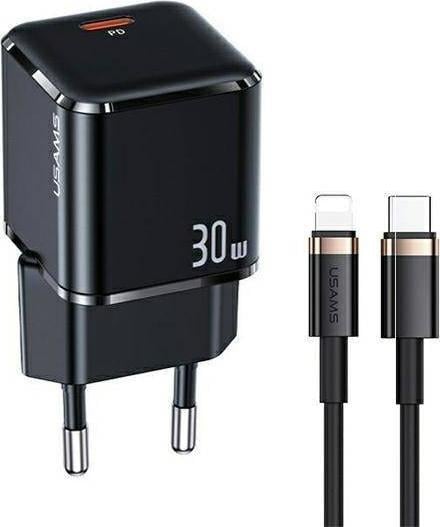 Usams Nabíječka USAMS USB-C T45 30W PD3.0 + QC3.0 rychlé nabíjení + U63 USB-C/Lightning kabel černá/černá UXTZH01 (USAMS-UX)