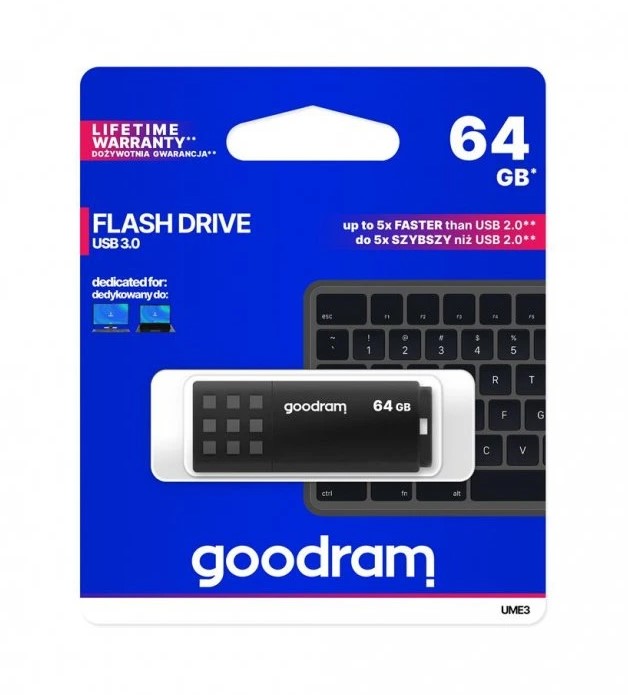 GOODRAM UME3 USB 3.0 Flash disk 64GB - černá Malý datový nosič GoodRam s kapacitou 64 GB lze uložit například do peněženky vedle klíčů, což uživateli umožní přístup k potřebným datům. Uzávěr má konve