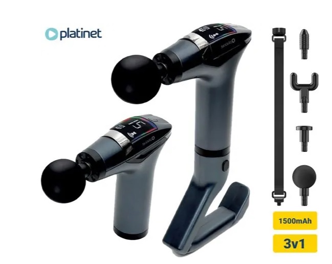PLATINET MASÁŽNÍ PISTOLE 1500 mAh, 2400-3200 otáček za minutu, 4 nástavce, pás
