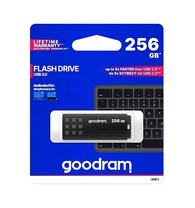 GOODRAM UME3 USB 3.0 Flash disk 256GB - černá Malý datový nosič GoodRam s kapacitou 256 GB lze uložit například do peněženky vedle klíčů, což uživateli umožní přístup k potřebným datům. Uzávěr má kon