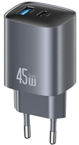 USAMS T66 45W CC290 GaN Rychlonabíječka do zásuvky 1xUSB-A 1xUSB-C stříbrná