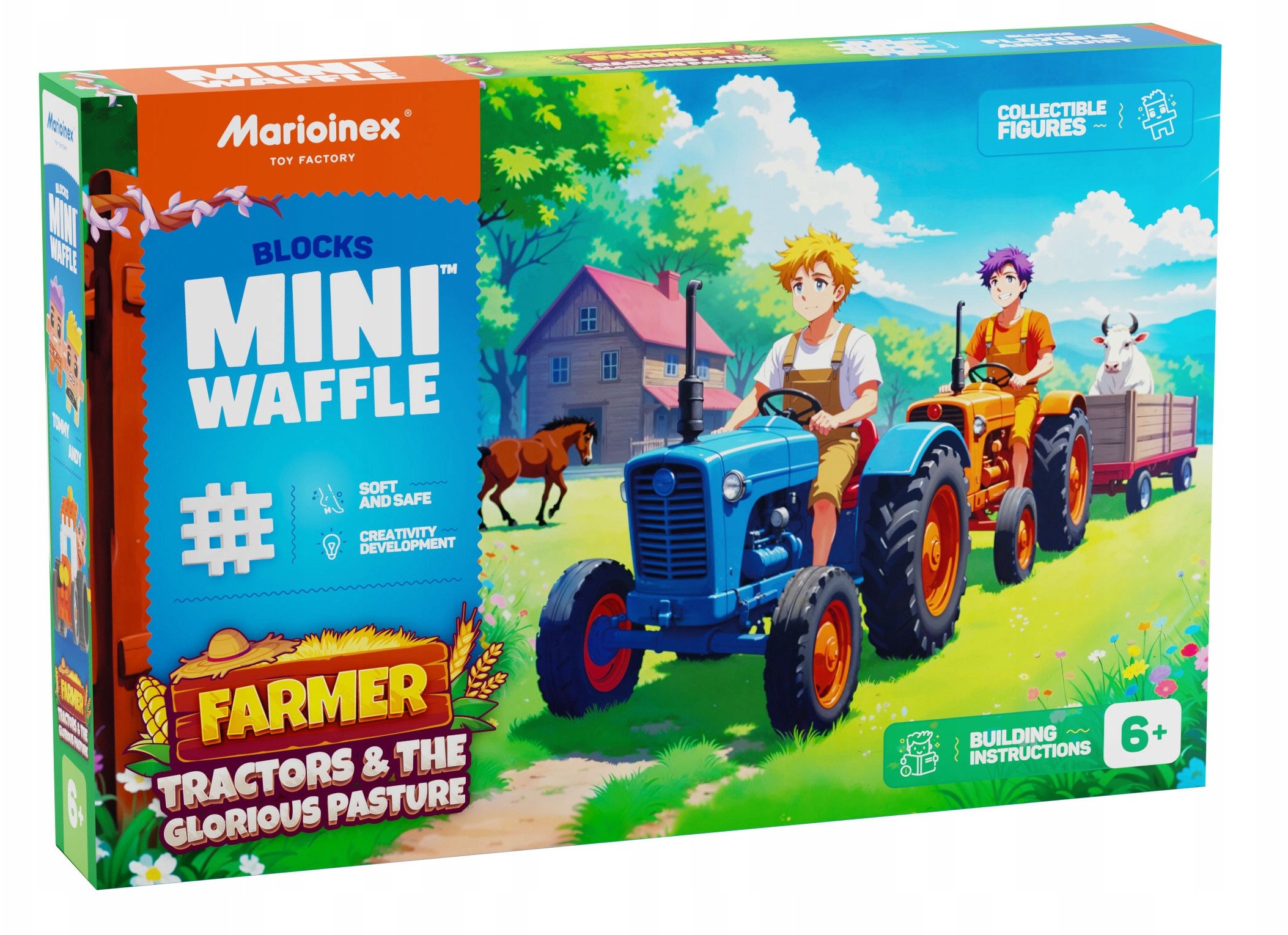 MARIOINEX Mini Waffle Farmer stavebnice Traktory a krásná louka, 110 dílků