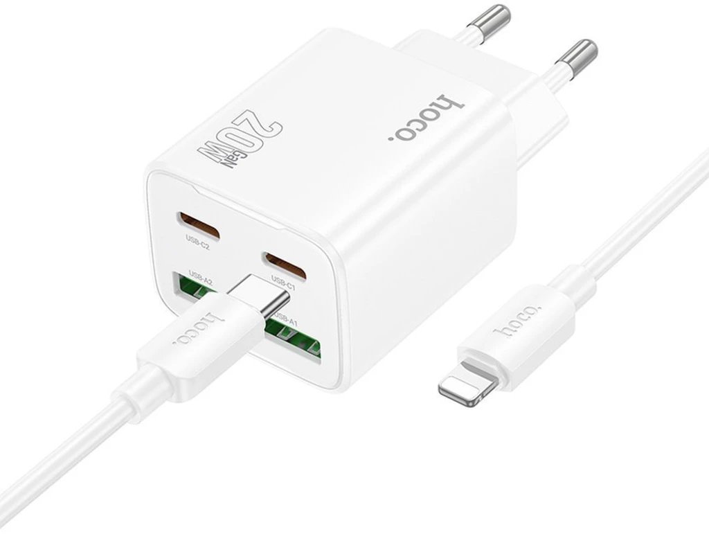 Hoco 2 x USB C + 2 x USB A QC3.0 PD 3A 20W nabíječka do sítě + kabel USB C na Lightning N55 bílý