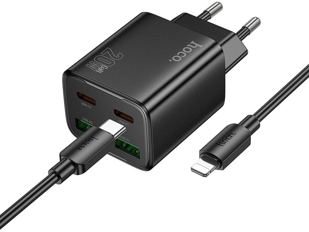 Hoco 2 x USB C + 2 x USB A QC3.0 PD 3A 20W nabíječka do sítě + kabel USB C na Lightning N55 černý
