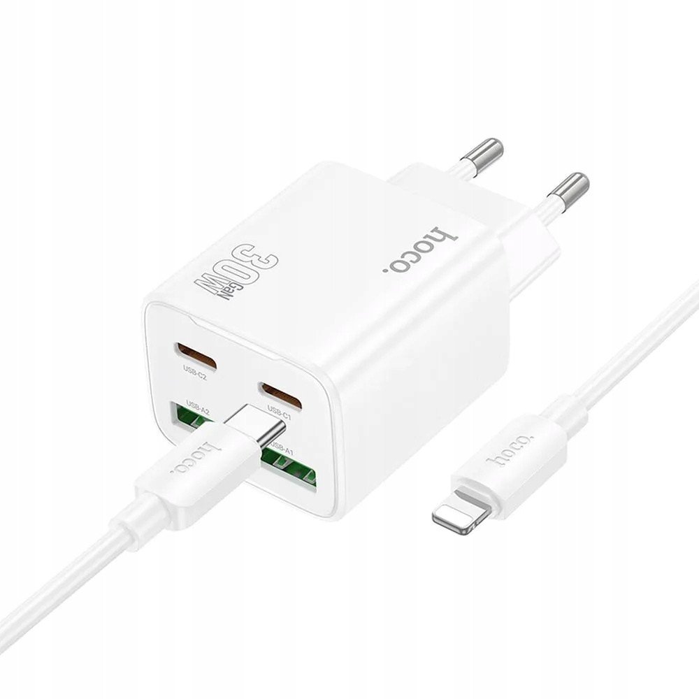 Hoco 2 x USB C + 2 x USB A QC3.0 PD 3A 30W nabíječka do sítě + kabel USB C na Lightning N56 bílý