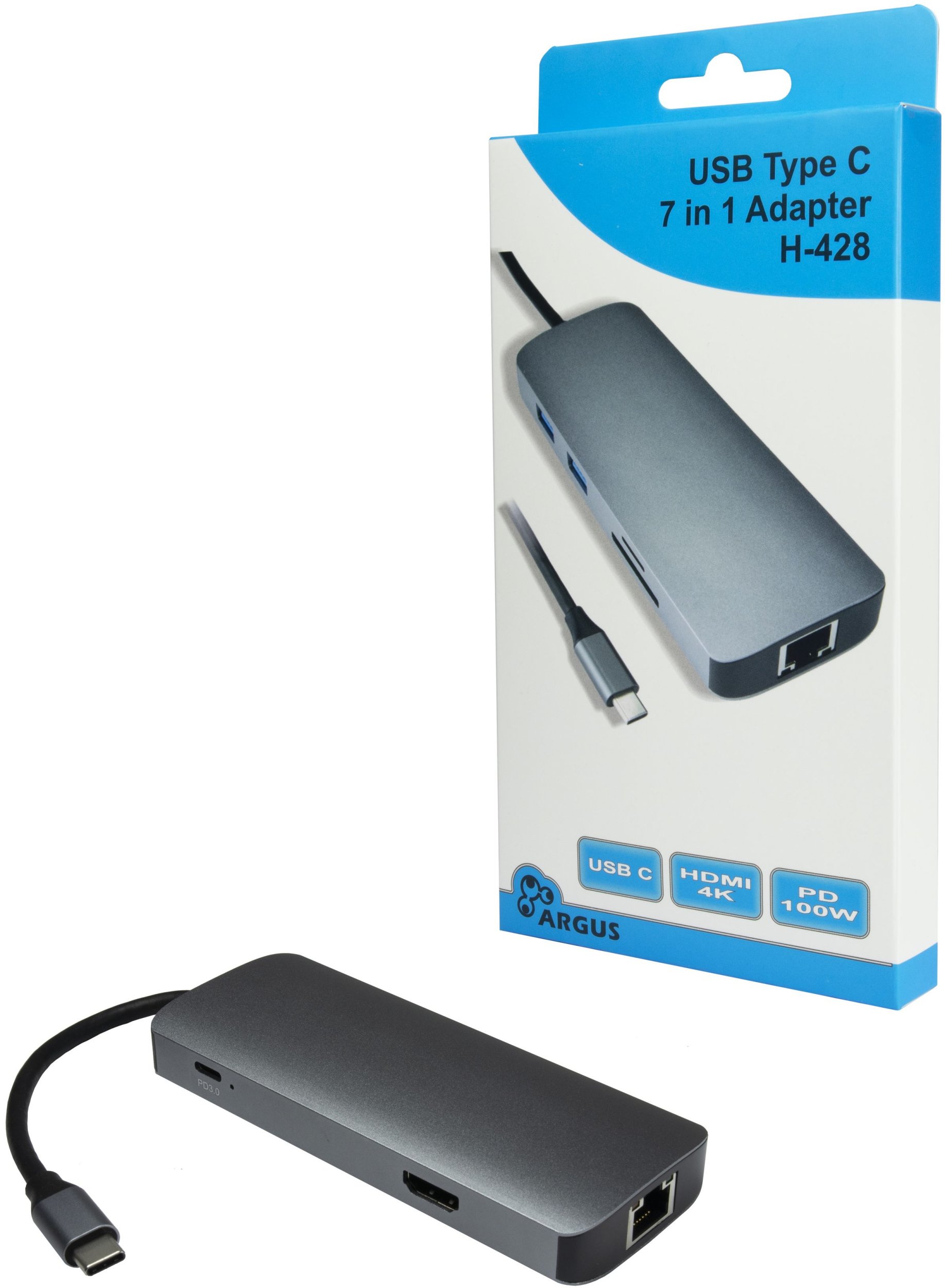 Inter-Tech Adaptér Argus H-428 7v1 (tmavě stříbrný, USB-A, USB-C, HDMI, RJ-45)
