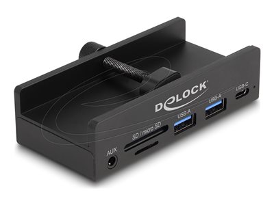 DeLOCK Externí USB 5 Gbps 3 portový rozbočovač 2 x USB Type-A, 1 x USB Type-C™ a 2 slotové čtečky karet s pojistným šroubem, USB rozbočovač