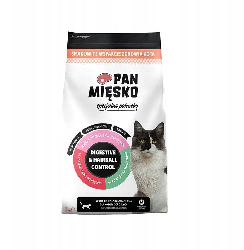 PAN MIĘSKO Digestive & Hairball Control Turkey - suché krmivo pro kočky - 3kg