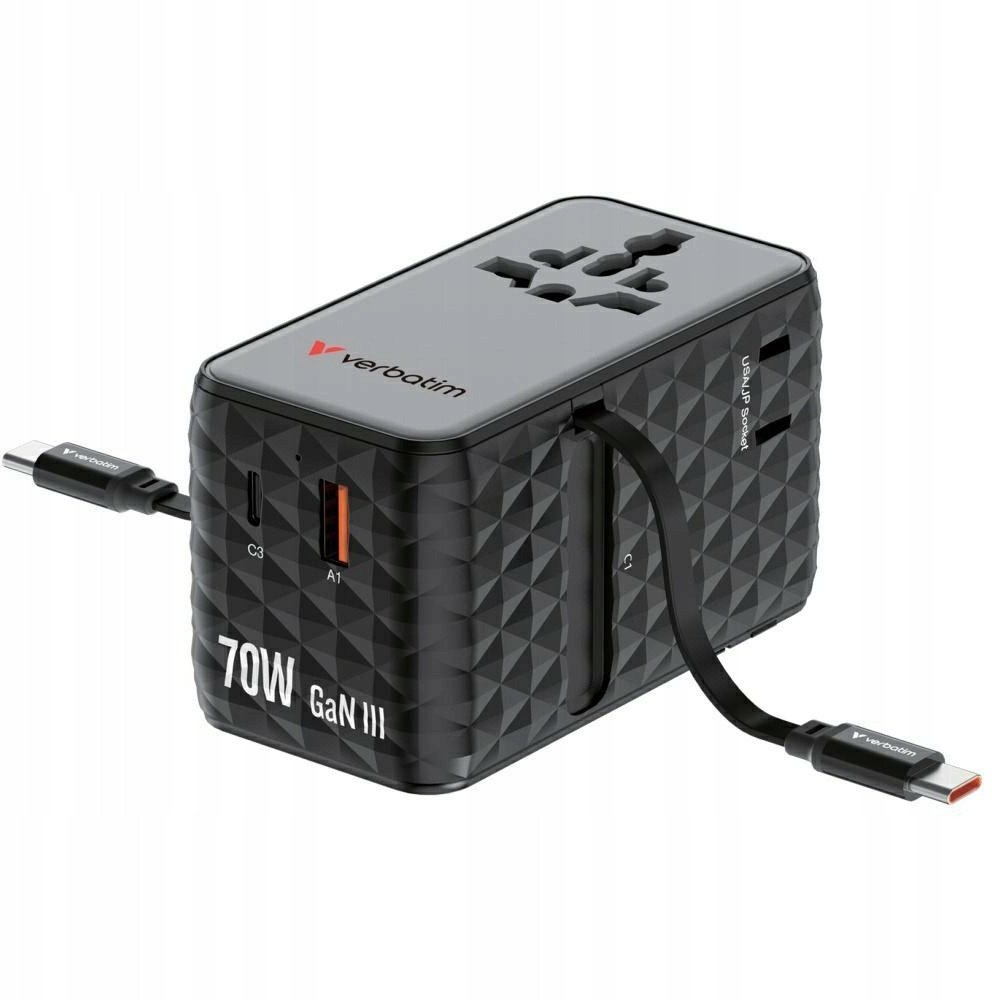 Verbatim Cestovní adaptér EU/UK/US GaN 1x USB-C/1x USB-A/2x USB-C PD 70W černý 30186