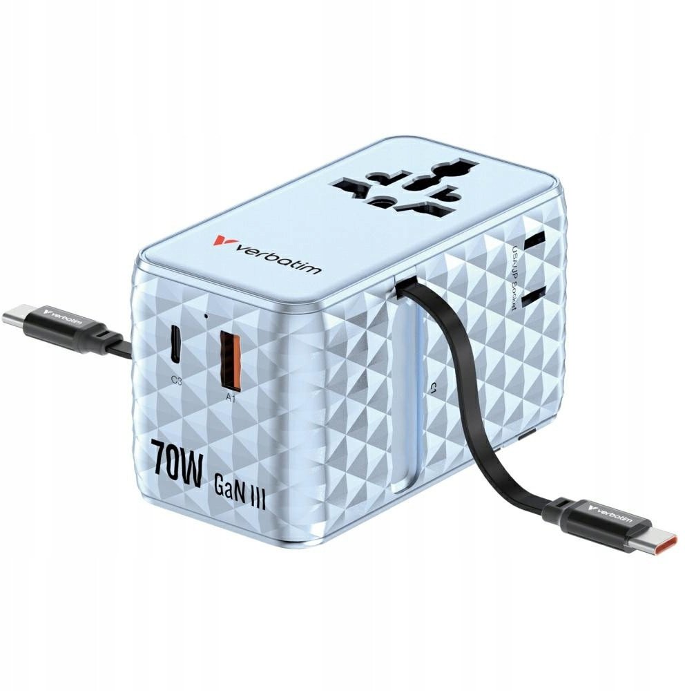 Verbatim Cestovní adaptér EU/UK/US GaN 1x USB-C/1x USB-A/2x USB-C PD 70W modrý 30187