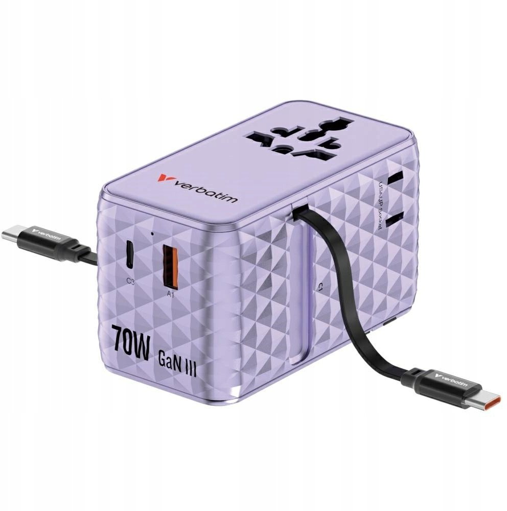 Verbatim Cestovní adaptér EU/UK/US GaN 1xUSB-C/1xUSB-A/2xUSB-C PD 70W fialový 30188