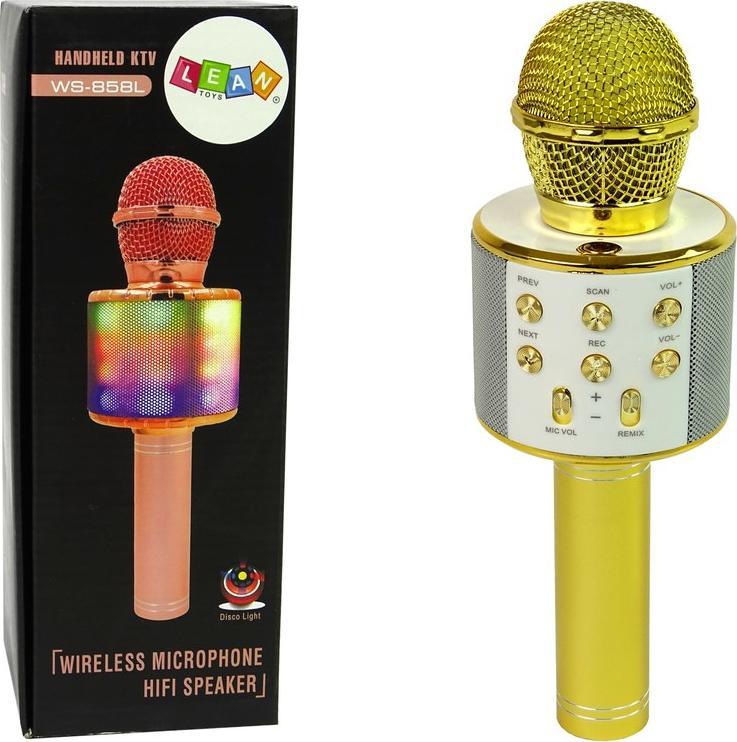 Lean Sport Bezdrátový mikrofon s USB reproduktorem a nahráváním karaoke, model WS-858, zlatý