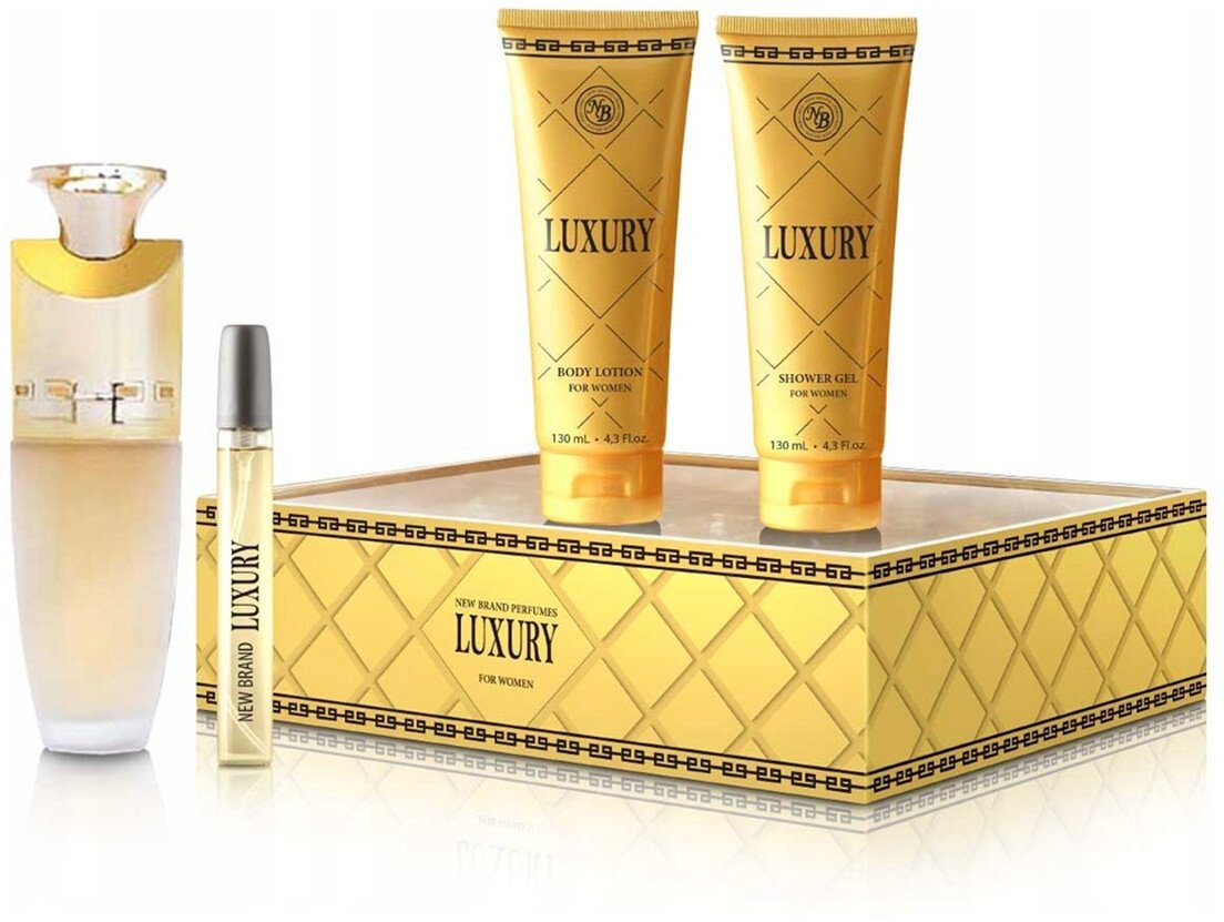 New Brand Nová luxusní sada pro ženy: Parfémovaná voda ve spreji 100 ml + Tělové mléko 130 ml + Sprchový gel 130 ml + Parfémovaná voda ve spreji 15 ml