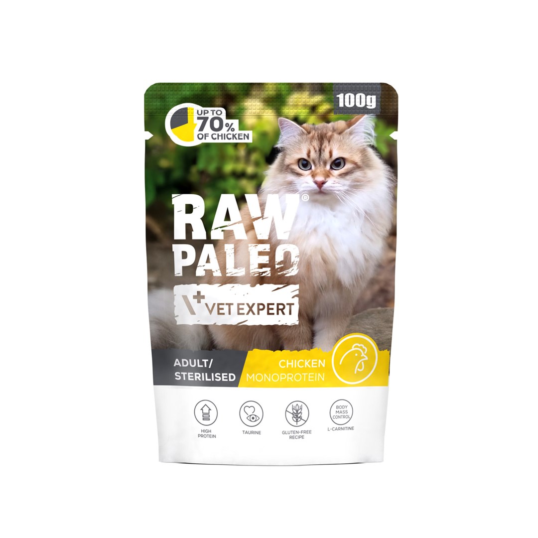 VetExpert Raw Paleo Adult Sterilised Chicken - mokré krmivo pro kočky - 100g