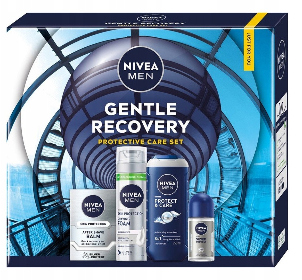 NoName NIVEA_SET Men Gentle Recovery Ochranná sada péče pěna na holení Silver Protect 200ml + balzám po holení Silver Protect 100ml + sprchový gel 3 v 1 Protect & Care 250ml + antiperspirant roll-on S