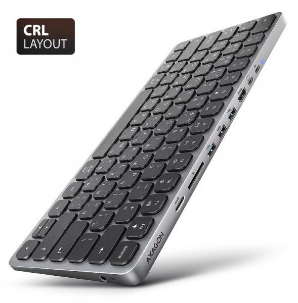 AXAGON Klávesnice HMC-KB-C 5Gbps s 9v1 multiportovým rozbočovačem, SD/microSD, 3x USB-A, HDMI 4K/60Hz, PD 100W, zvuk, cyrilice, 60cm kabel USB-C