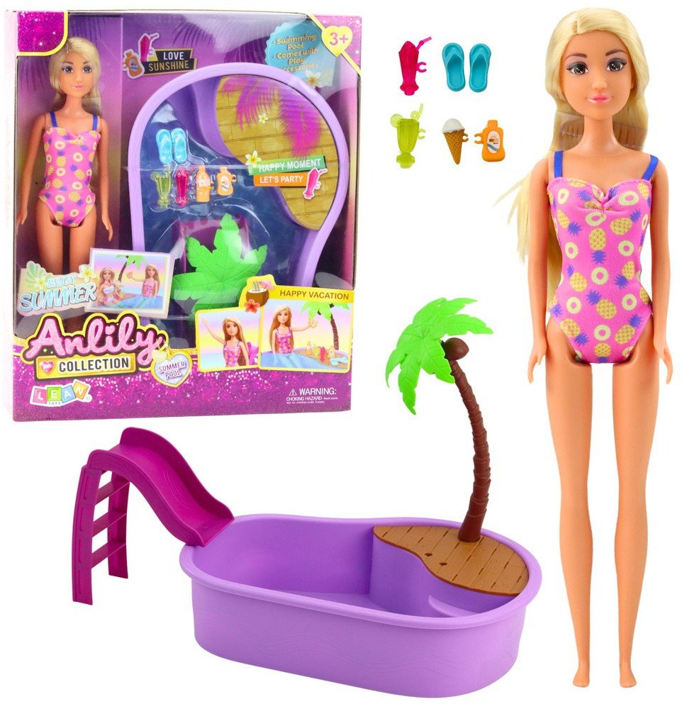 LeanToys Sada Panenka Anlily na pláži s palmou a doplňky do bazénu, 8 dílků.