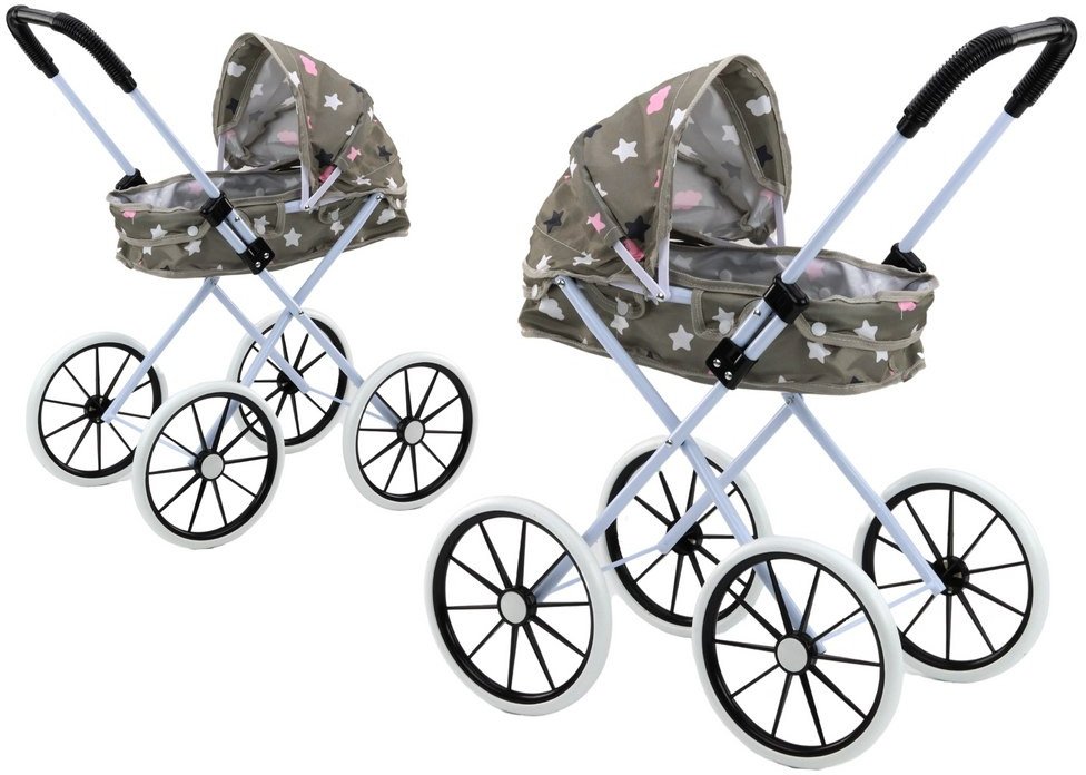 LeanToys Skládací kočárek pro panenky s velkými koly, hvězdy a mraky, šedý, 70 cm, LEAN Toys