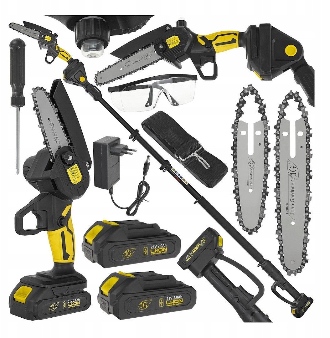 Geko Akumulátorová motorová pila 6 kusů v kufru 2x2,0Ah 21V – sada XXL s teleskopickým výložníkem 1,65-2,50 m (10 ks)