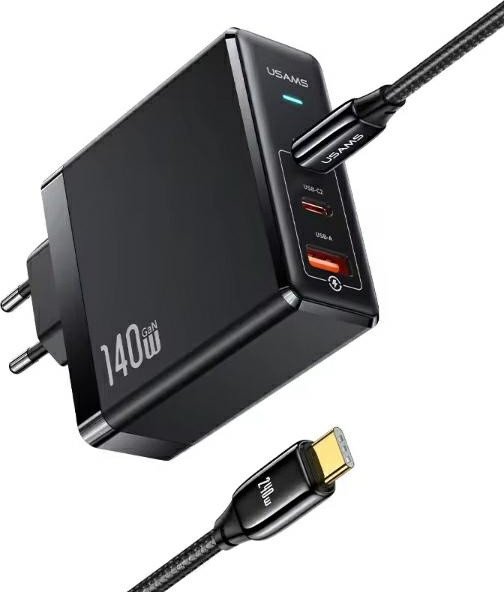 Usams Nabíječka 2xUSB-C + 1xUSB T52 PD140W PD Rychlonabíjení US-CC168 + U82 USB-C/USB-C kabel US-SJ581 240W černá/černá řada UM UMXLOGTC01