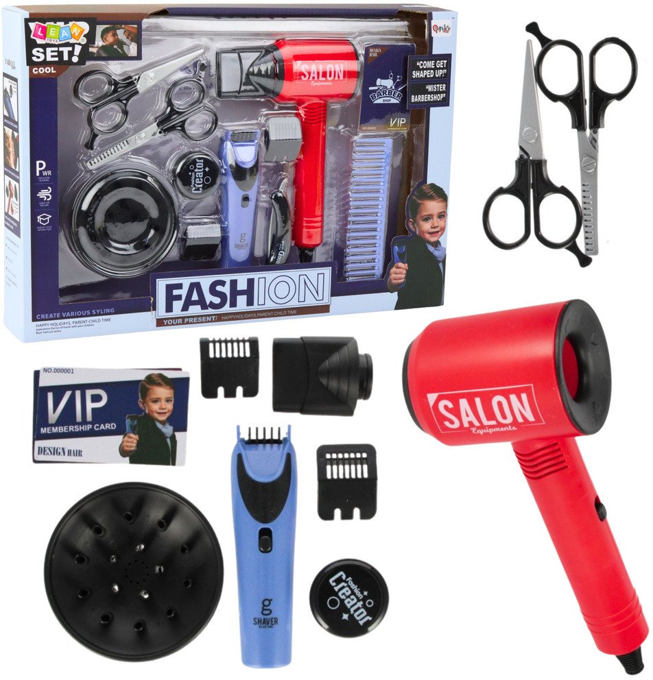 LeanToys Chlapecká kadeřnická sada: fén, zastřihovač vlasů, hřebeny, doplňky