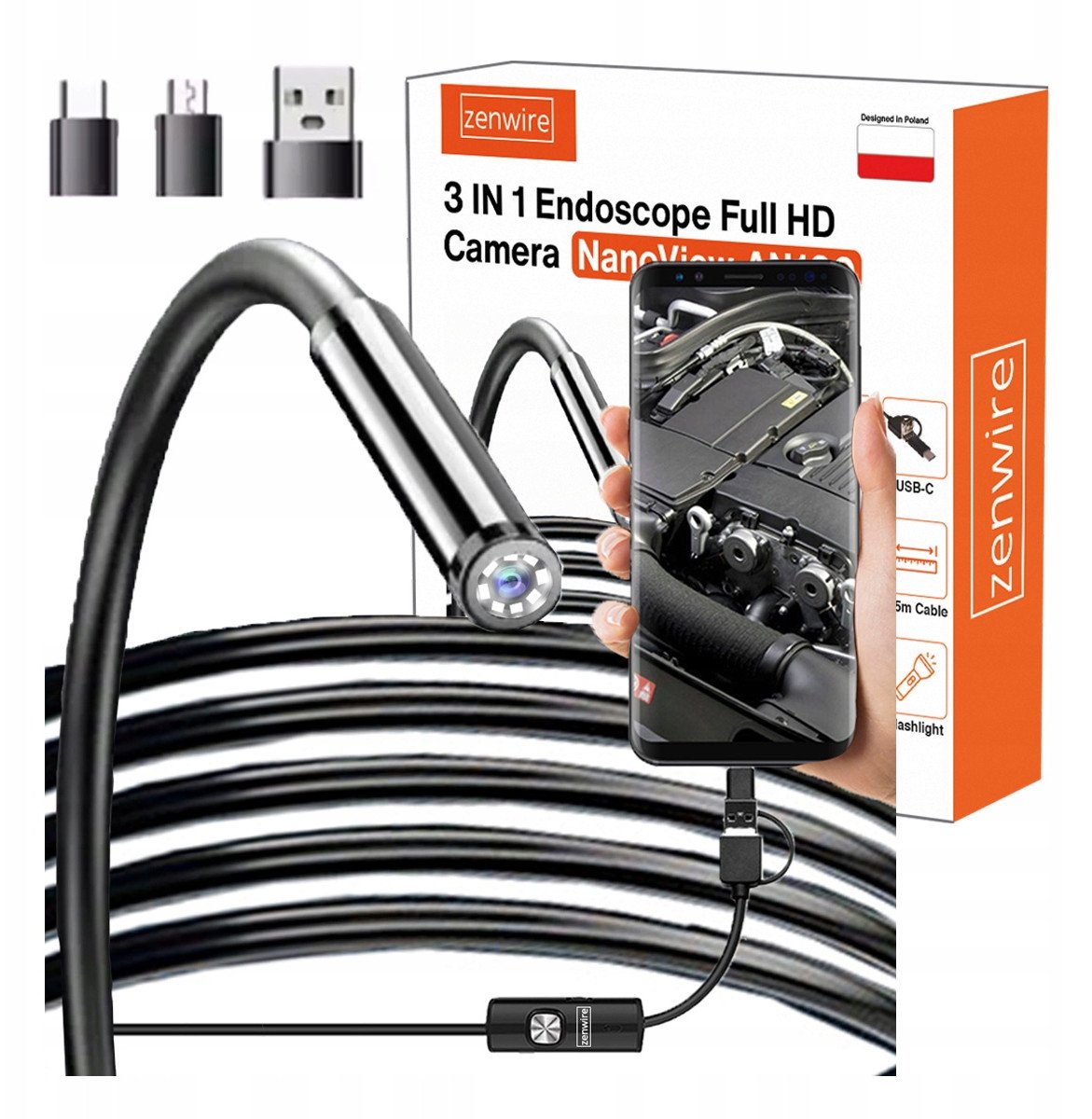 Zenwire Endoskopická inspekční kamera do dílny pro telefony s Androidem, potrubí, USB-C, 3,5 m, AN100