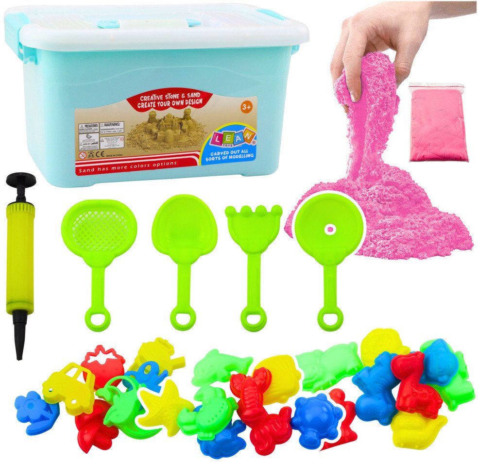 LeanToys Sada kinetického písku růžová 3kg, formy, nářadí, nafukovací deska