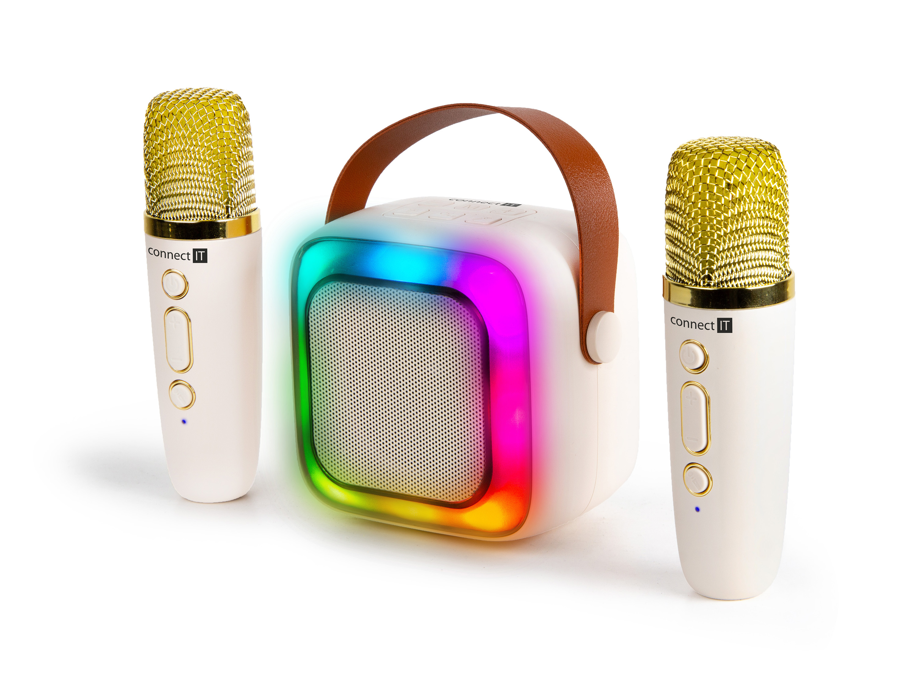 CONNECT IT 2Mic bezdrátový mini party karaoke reproduktor + 2 x mikrofon,BT,USB,USB-C/Micro SD, 3,5mm jack, 5W, BÉŽOVÝ