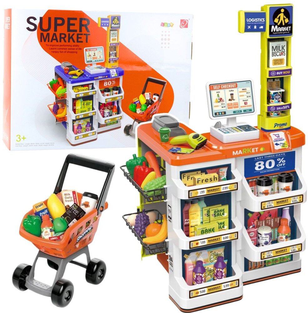 LeanToys Sada pro obchod: Pokladna, Vozík, Skener, Supermarket, Dětský obchod
