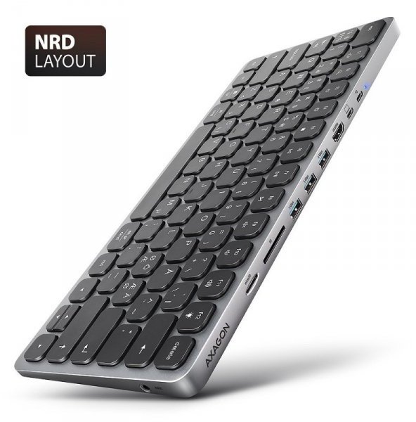 AXAGON Klávesnice HMC-KB-NRD s USB-C 5 Gb/s a 9v1 multiportovým rozbočovačem, SD/microSD, 3x USB-A, HDMI 4K/60Hz, PD 100W, zvuk, severské rozložení, 60cm kabel USB-C