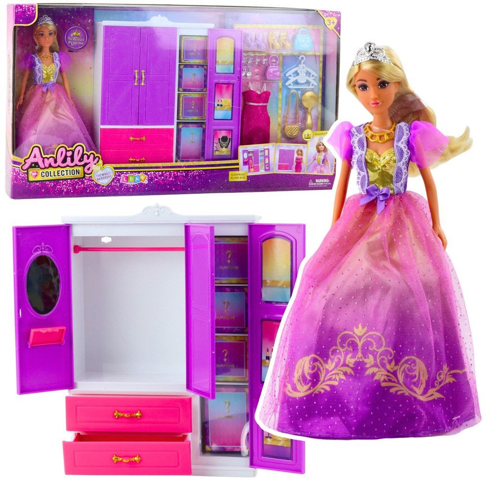 LeanToys Šatní skříň pro panenky Anlily s policemi a zásuvkami, doplňky do šatny, 24 dílů.