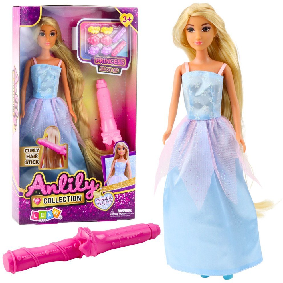 LeanToys Plesové šaty pro panenky Anlily, dlouhé vlasy, styling, kulma, sponky do vlasů, LEAN Toys
