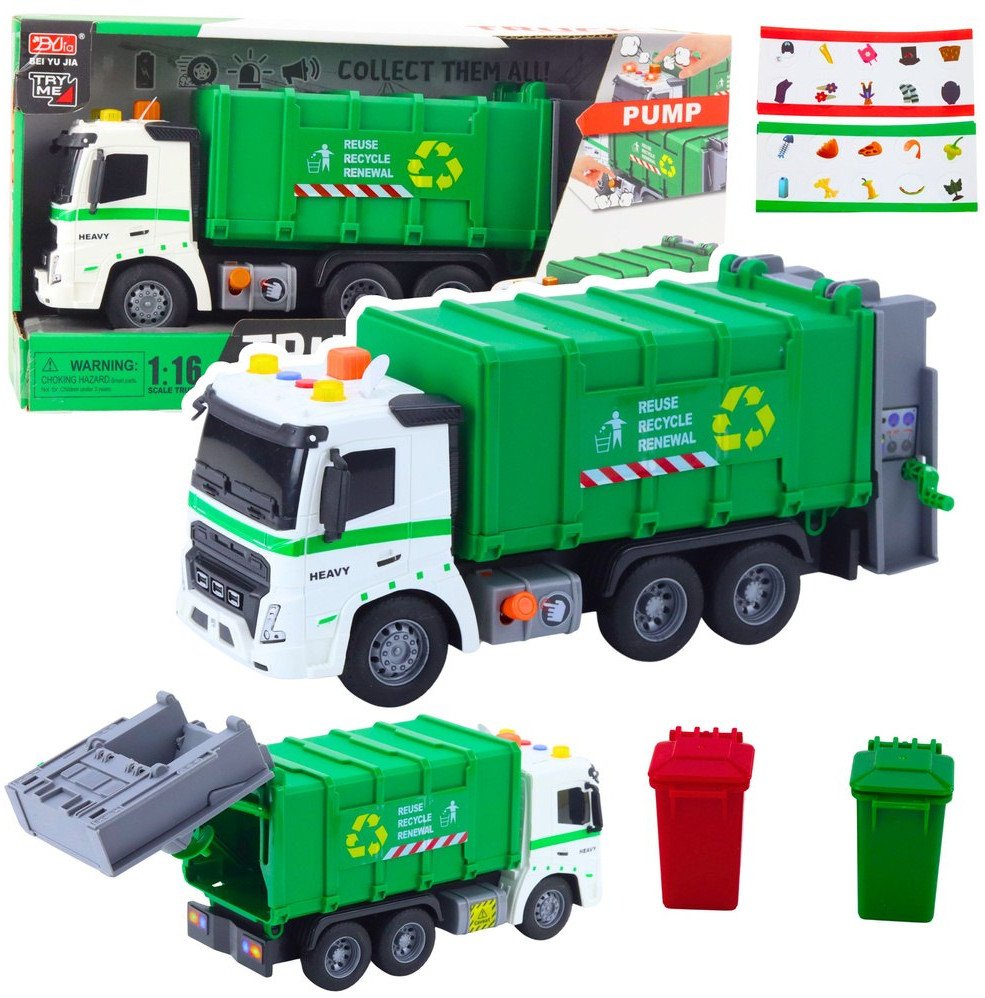 LeanToys Popelářský vůz, světla popelářského kontejneru, zvuky zelené 1:16 EDUKAMP