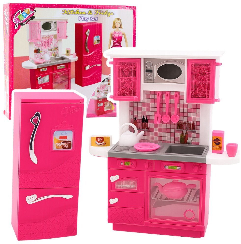 LeanToys Sada kuchyňského vybavení pro panenky, ledničku a troubu, růžová