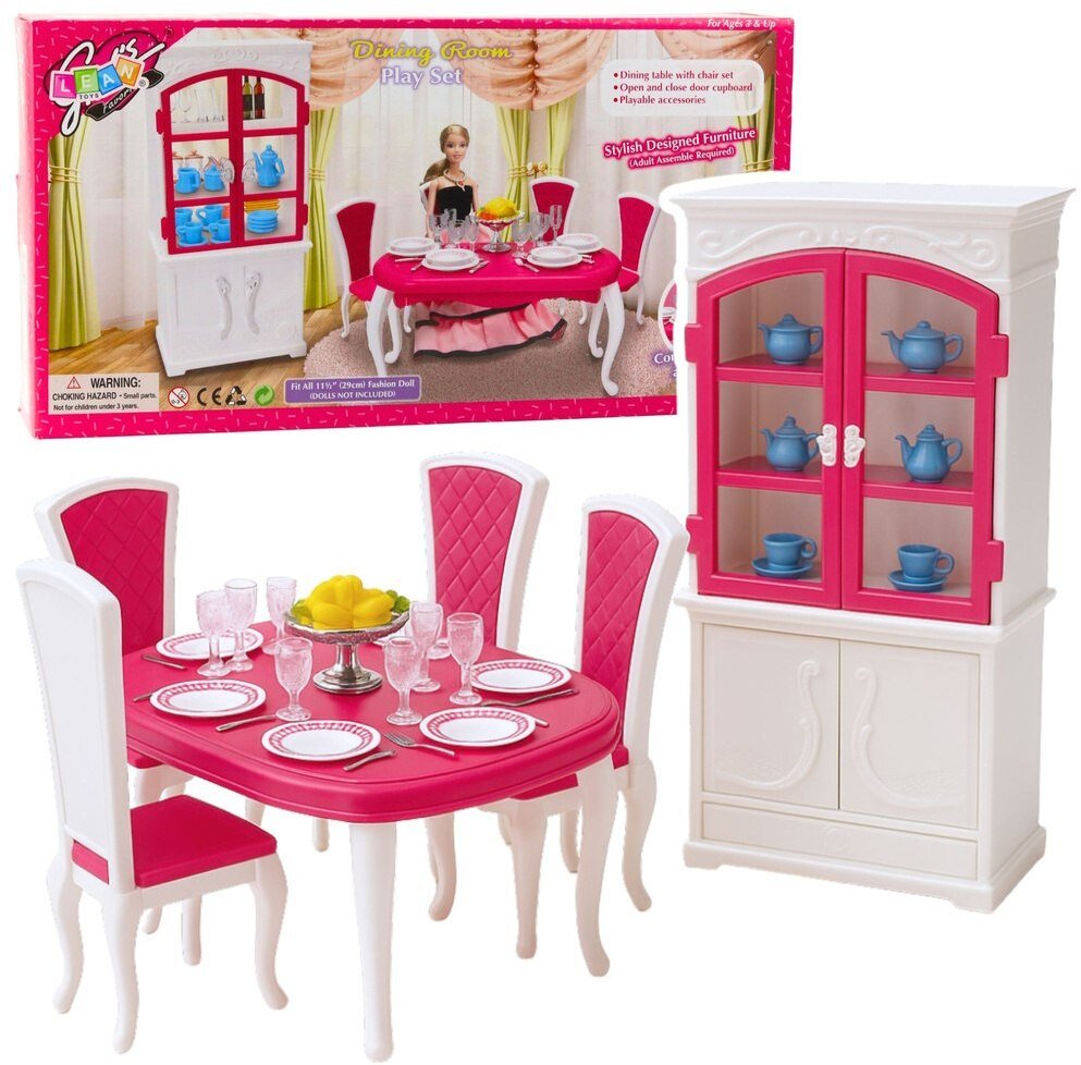 LeanToys Jídelní sada pro panenky: Stůl, židle, příborník, nádobí