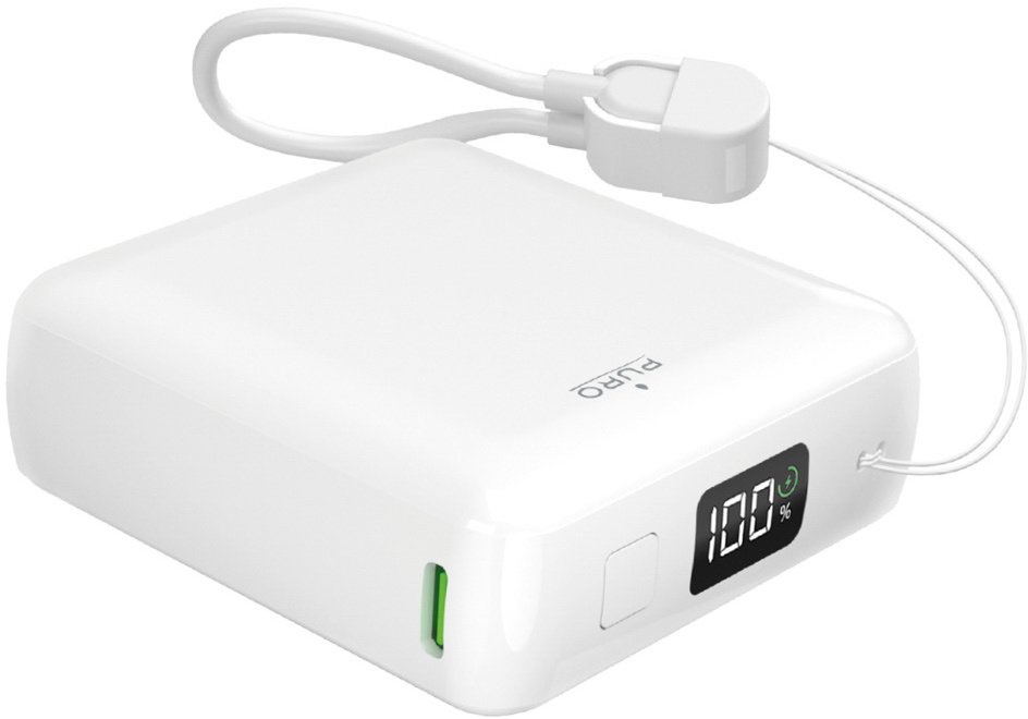 Puro Powerbanka 10000mAh 20W USB-C USB-A s displejem a vestavěným kabelem USB-C - bílá