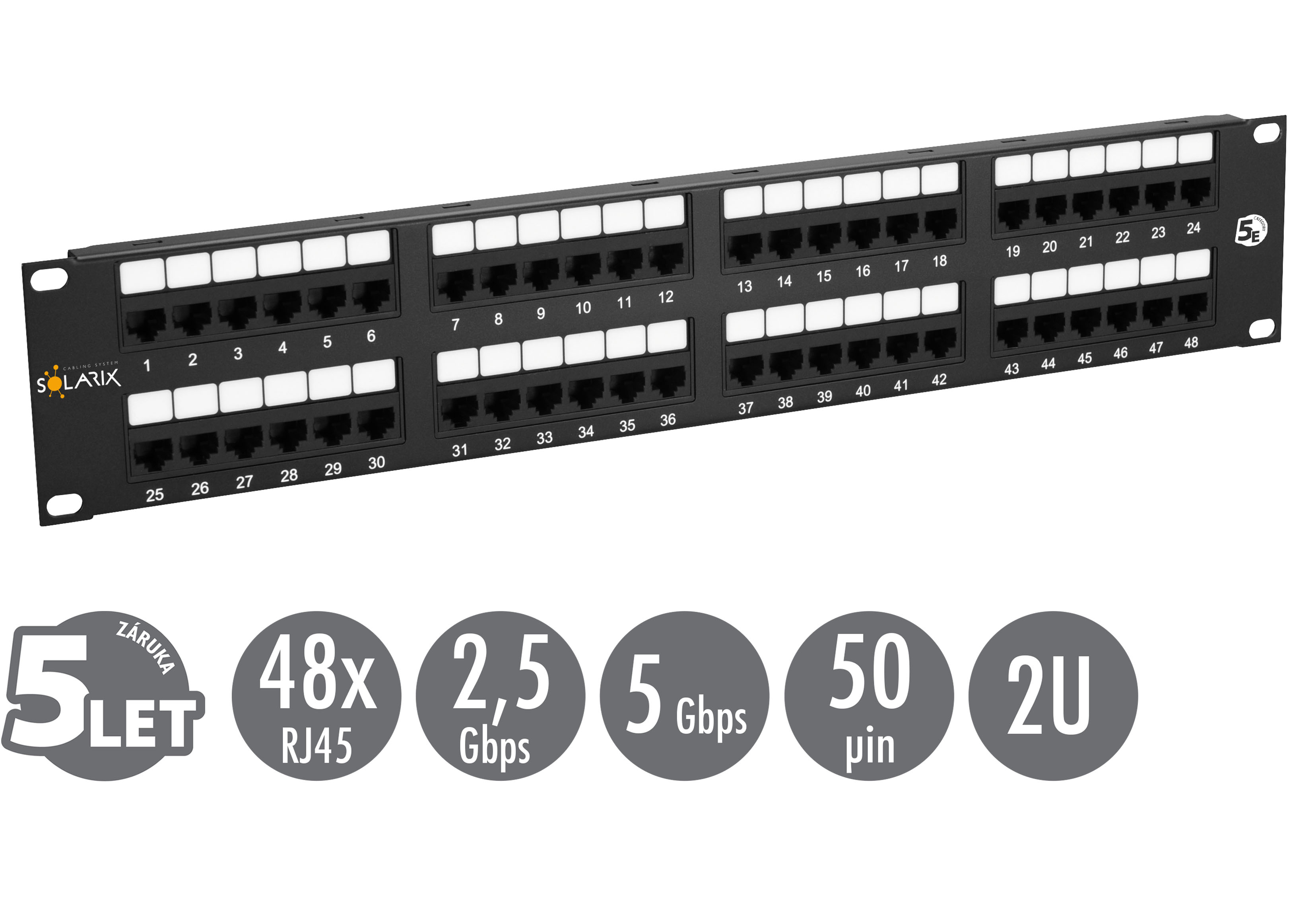 Solarix 19  Patch panel 48 x RJ45 CAT5E UTP 150 MHz černý 2U,  SX48-5E-UTP-BK